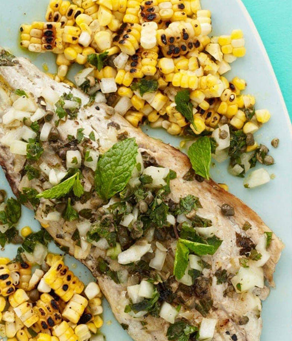 Tara Teaspoon’s Grilled Fish with Caper-Herb Salsa and Corn