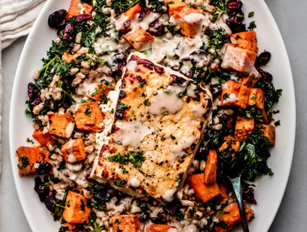 Maple Roasted Feta with Sweet Potatoes, Farro and Kale