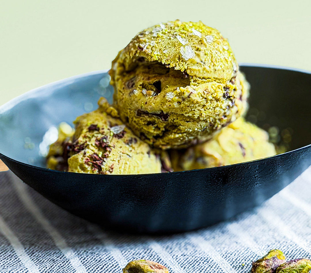 Homemade Pistachio Ice Cream with Dark Chocolate Stracciatella